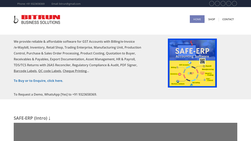 SAFE-ERP (Accounting Software). We provide software for GST Accounts with Billing/e-Invoice/e-Waybill, Inventory, Retail Shop, Trading Enterprise, Manufacturing Unit, Production Control, Purchase & Sales Order Processing, Product Costing, Quotation to Buyer, Receivables & Payables, Export Documentation, Asset Management, HR & Payroll, TDS Returns, Regulatory Compliance & Audit, PDF Signer, QR Code, Barcode, Cheque Print..