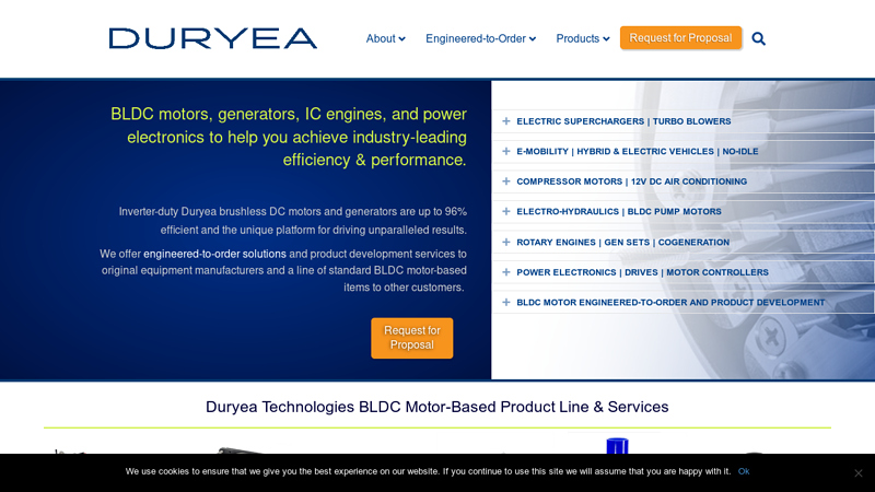 Duryea Technologies makes BLDC motors/generators, brushless DC alternators, rotary engines, and electronics with industry-leading efficiency and performance. We offer engineered-to-order BLDC-motor-based solutions for the automotive, aerospace, heavy equipment, machinery, and process industries. A line of standard BLDC motors, hydraulic power units, gen sets, and products packaged with our brushless DC motors is available to end-users.