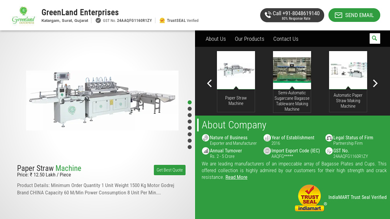 Sugarcane Bagasse Tableware Making Machine and PAPER STRAW MAKING MACHINE Manufacturer | GreenLand Enterprises, Surat
